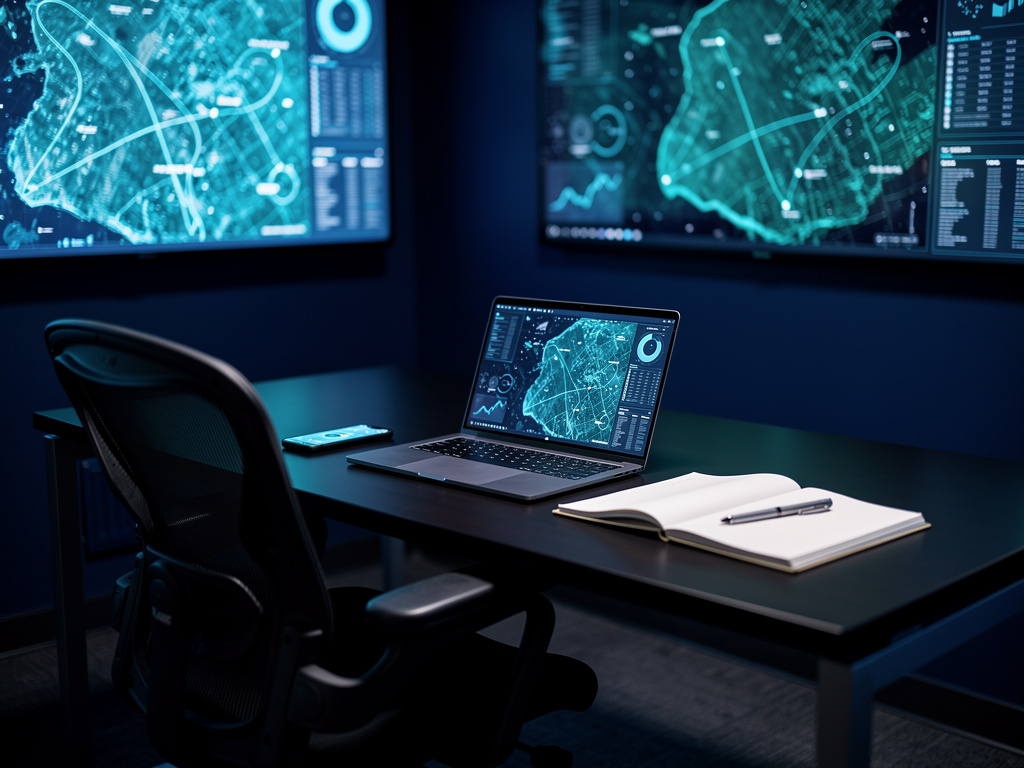 A quiet support desk with a laptop showing a satellite map, a phone and a notebook, the chair empty, lit in soft navy an