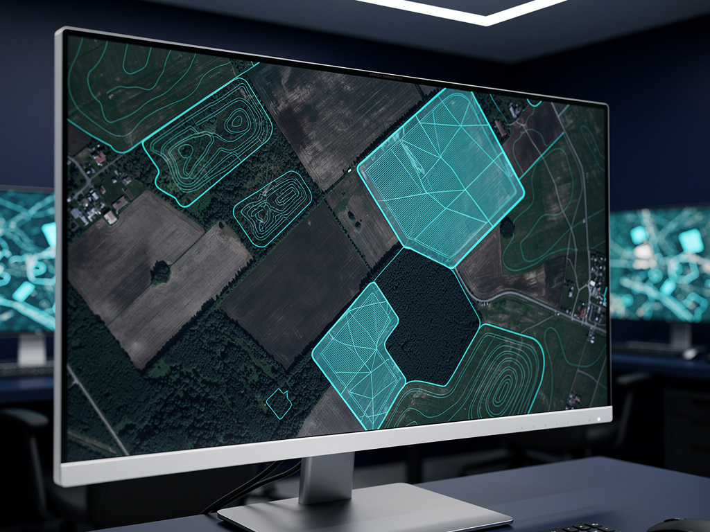 Close-up of a screen showing a satellite map with multiple teal-outlined fields and forest patches.