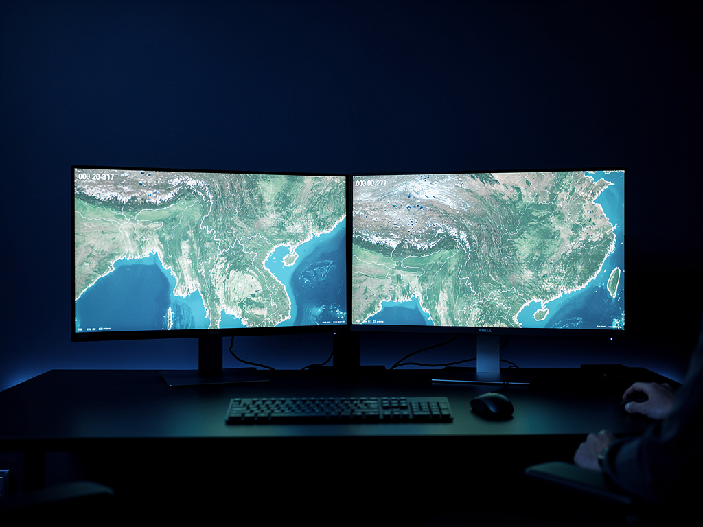 Two side-by-side monitors comparing the same landscape from different dates, glowing in the dark room.