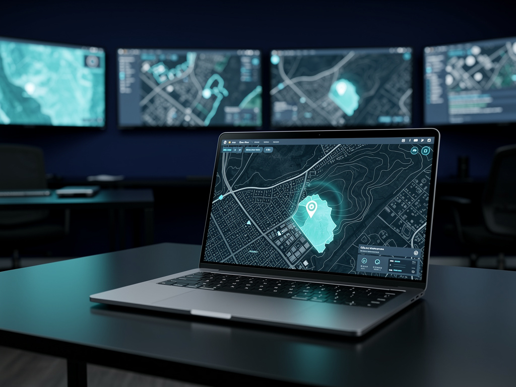 A laptop on a matte black desk showing a map with a highlighted cyan marker over a changed area.