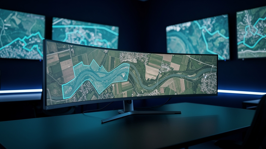 A wide curved monitor on a dark desk displaying a satellite view of farmland and rivers overlaid with glowing cyan area 