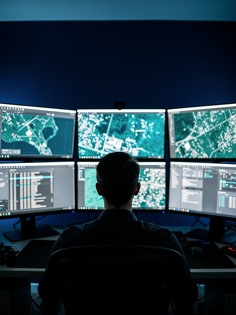A team member seen from behind at a workstation, silhouetted against several screens showing satellite maps, faces out o
